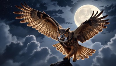 Owl flying under full moon