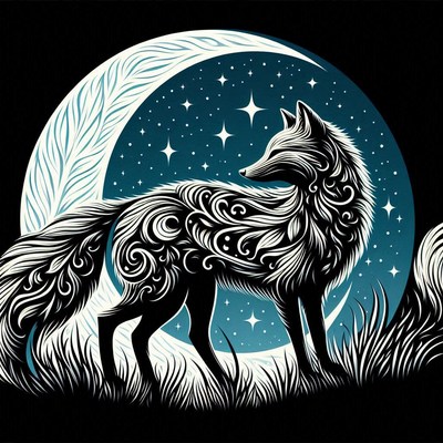 Ornate fox under crescent moon