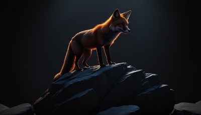 Fox standing on a rock at night