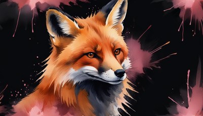 Red fox portrait with watercolor splashes