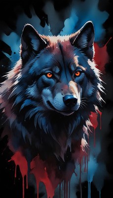 Wolf portrait with red and blue paint splatter