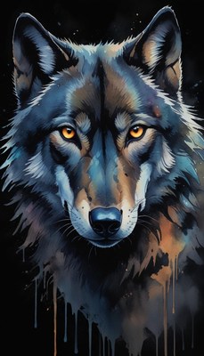 Wolf portrait with watercolor drips