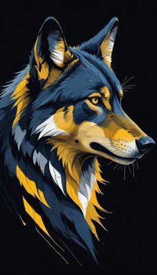 Blue and yellow wolf portrait