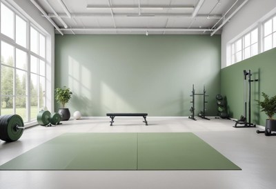 Modern home gym with green mat