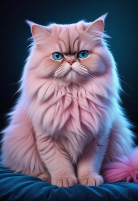 Fluffy white cat sitting on blue pillow