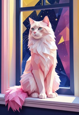 White cat looking out window at night