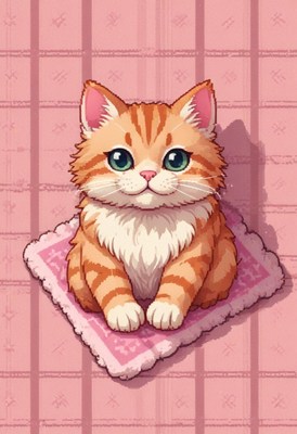 Orange tabby kitten on pink mat