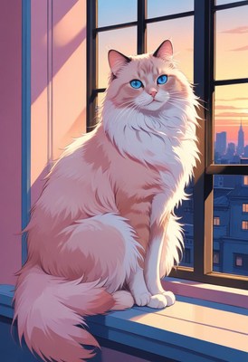 Fluffy cat by the window at sunset