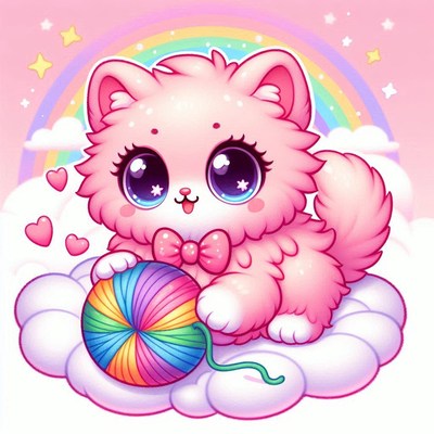 Pink kitten with yarn ball on cloud