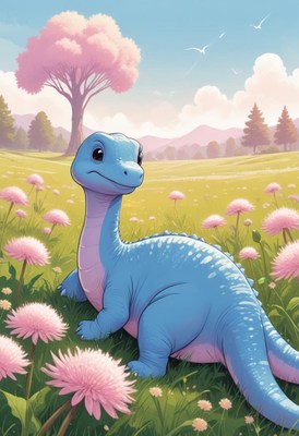Blue dinosaur in field of flowers