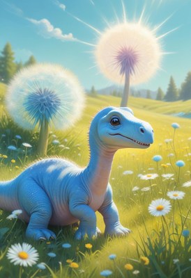 Blue dinosaur in field of dandelions