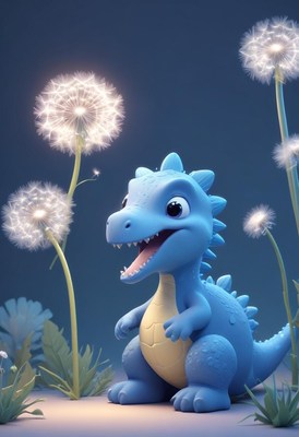 Blue dinosaur and dandelions
