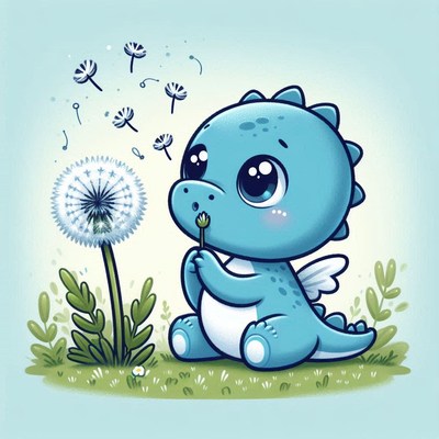 Blue dragon blowing dandelion seeds