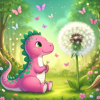 Pink dinosaur watching dandelion