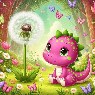 Pink dinosaur in a flower field