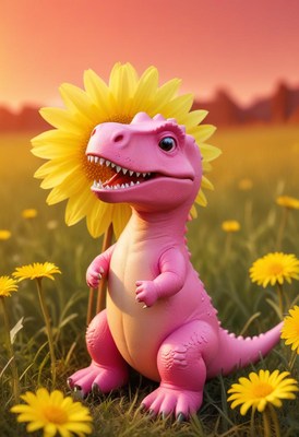 Pink dinosaur with sunflower