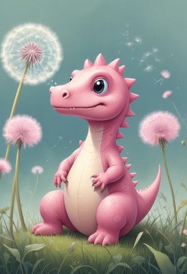 Pink dinosaur watches dandelions blow