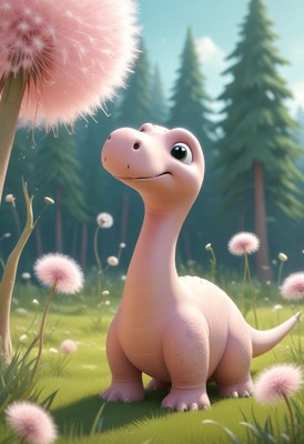 Pink dinosaur in a forest clearing