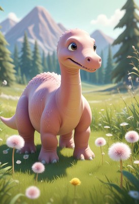 Pink dinosaur in mountain meadow