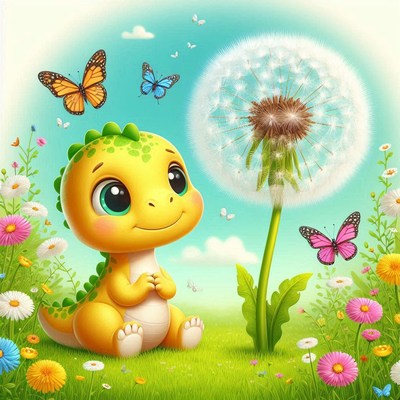Dinosaur gazing at dandelion