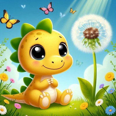 Cute dinosaur with dandelion in meadow