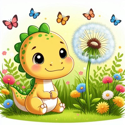 Cute dinosaur and dandelion