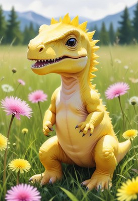 Yellow dinosaur in a field