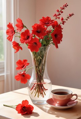 Red flowers and coffee