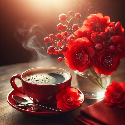 Morning coffee and red flowers