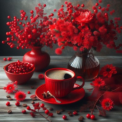 Red flowers and coffee