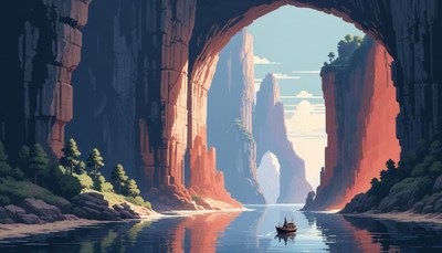 Boat sailing through tall cliffs