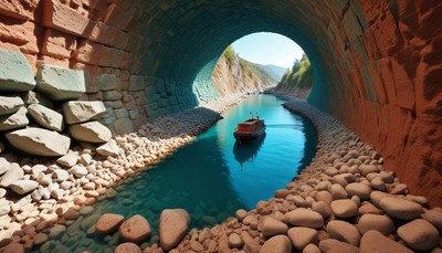 Boat traveling through a stone tunnel