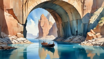 Boat traveling through canyon archway