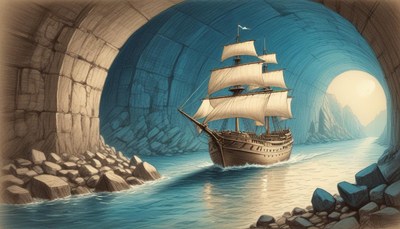 Ship sailing through stone archway