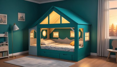 Teal house bed in child's room