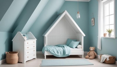 White house bed in a blue room