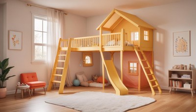 Yellow wooden bunk bed with slide