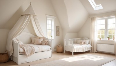 White canopy bed in attic bedroom