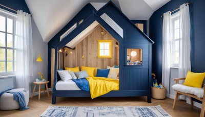 Blue and yellow playroom bed