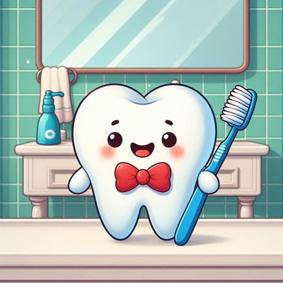 Tooth character brushing in bathroom