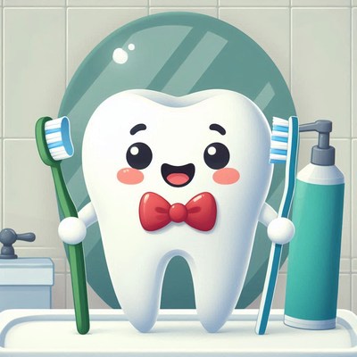 Cartoon tooth brushing in bathroom