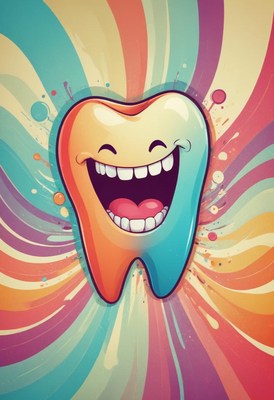 Smiling tooth on colorful background