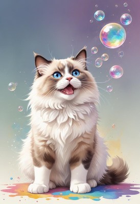 Cat watching bubbles on colorful floor