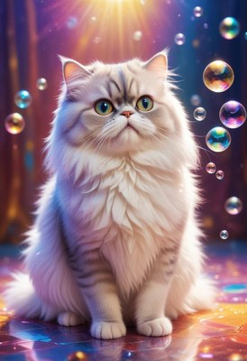White cat watching bubbles