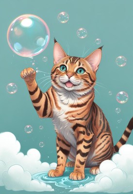 Bengal cat playing with bubbles