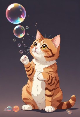 Orange tabby cat playing with bubbles