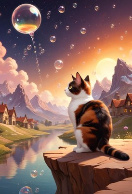 Cat watching bubbles at sunset