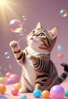 Tabby cat playing with bubbles