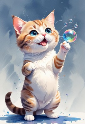 Kitten playing with bubbles
