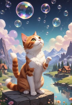 Cat watching bubbles in mountain valley
